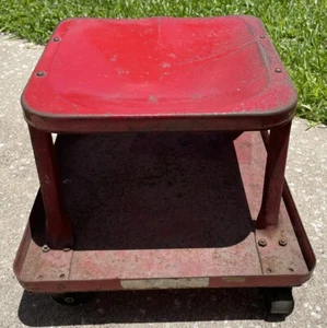 Mechanics Rolling Stool Work Seat Vntg Red Metal Garage Repair Steampunk Decor - Picture 1 of 12