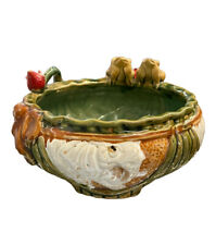 2 Frogs and Strawberries Majolica Glazed Ceramic Planter Bowl