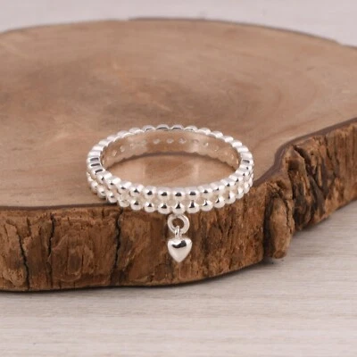 Sterling Silver 925 Eternity Ball Bead Double Band Ring With Hanging Heart Charm - Image 1 of 4