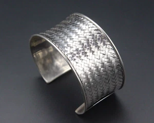 Moroccan Sterling Silver Bangle, Wide Cuff Bracelet, Wide Knitted Cuff Bracelet, - Picture 1 of 13
