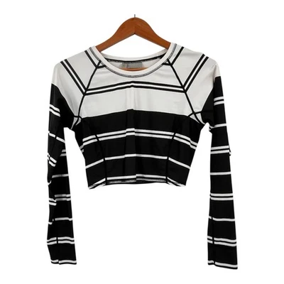 ATHLETA Women's Black White Stripe Crop Long Sleeve Rashguard Small - Image 1 of 4