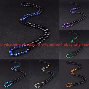 Natural Black Agate Onyx Multicolor Tiger's Eye Round Gems Beaded Necklaces 36'' - Picture 1 of 20