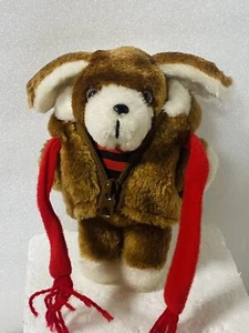 AVON BROWN PUPPY DOG PLUSH HOODIE JACKET RED STRIPED SHIRT 6” vintage - Picture 1 of 9