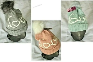 Ladies Winter Hats Women's Knitted Hat with Bobble Pink Grey Pale Green Love NEW - Picture 1 of 15