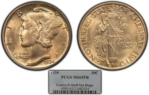 1934 10c Mercury Dime - Comics-N-Stuff - Full Bands - PCGS MS 65 FB - SKU-B2000 Cover