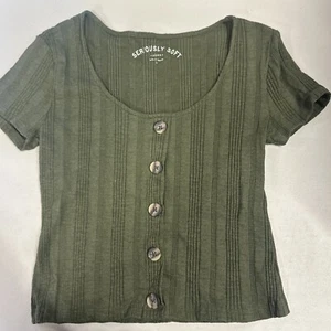 Aero Top L Large Green T-Shirt Seriously Soft Variegated Rib Button-Front Womens - Picture 1 of 10