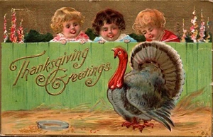 POSTCARD THANKSGIVING EMBOSSED KIDS WATCHING A TURKEY - 1912 - Picture 1 of 2