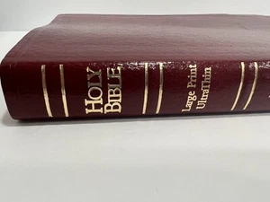 Holy Bible Leather Bound Vintage Large Print Maroon Pre Owned - Foto 1 di 17
