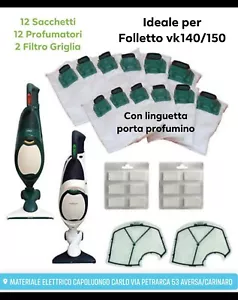 SACCHETTI FOLLETTO VK 140 VK 150 12PZ +12 PROFUMI +2 FILTRO MOTORE SACCHI FILTRI - Foto 1 di 2