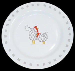 2003 Blue Sky Large FAT CHICKENS Round Platter Plate - 16" Black, White & Red - Picture 1 of 7