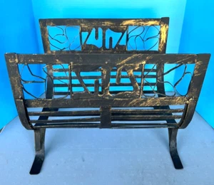 VTG BRUTALIST HAND FORGED IRON LOG/MAGAZINE RACK UNIQUE GOLD/BLACK HANDMADE MCM - Picture 1 of 8