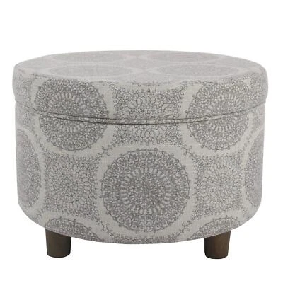 Round Storage Ottoman Gray Medallion Grey Transitional Pattern abric - Image 1 of 4