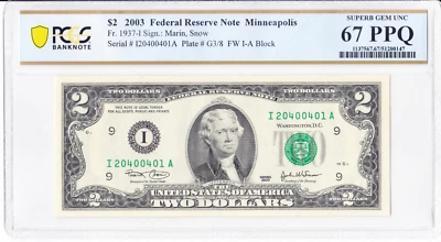 2003 $2 FRN Minneapolis Fr.1937-I PCGS 65 PPQ Fancy Serial I20400401A Bookend - Image 1 of 2