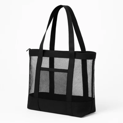 Black Mesh Tote Bag w/ Zipper + Pocket – Beach, Gym, Grocery – Extra Long Strap - Image 1 of 4