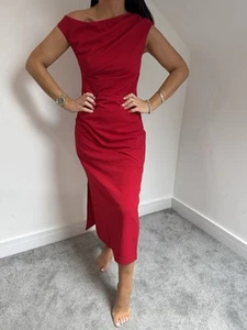 LIPSY DRESS SIZE 10 CREPE RED OFF SHOULDER PLEAT DETAIL MIDI BRAND NEW WITH TAGS - Picture 1 of 5