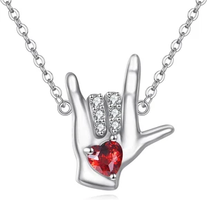 I Love You Sign Language Necklace Sterling Silver Hand Red Heart Pendant Women - Picture 1 of 6