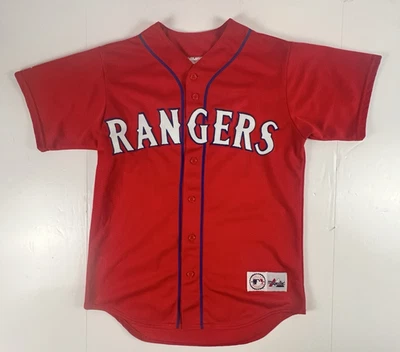 Camiseta vintage Texas Rangers Ivan Rodriguez Majestic M vermelha costurada anos 90 MLB fabricada nos EUA - Imagem 1 de 4
