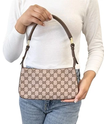 GUCCI Vintage GG Monogram Logo Pochette Mini Shoulder Bag Brown Canvas Leather - Image 1 of 4