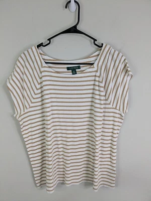 Top para mujer Lauren Ralph Lauren 2X beige a rayas manga corta a rayas Foto 1 de 4