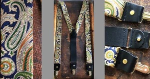 VTG ALL SILK NAVY BLUE GREEN ORANGE PAISLEY SUSPENDERS BRACES BLACK LEATHER EUC - Picture 1 of 10