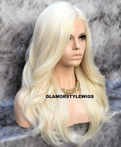 Human Hair Blend Lace Front Full Wig Side Part Long Wavy Platinum Blonde #613A