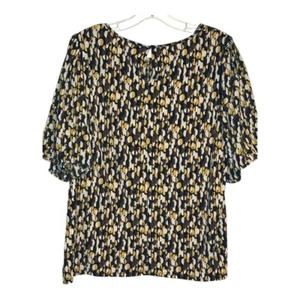 Ann Taylor Factory Blouse Abstract Black Gold Print 3/4 Sleeve Career Top LG - Picture 1 of 6
