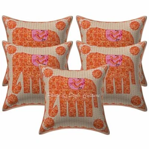Indian Cotton Elephant 16x16 Applique Patchwork Kantha Throw Pillow Covers - Picture 1 of 5