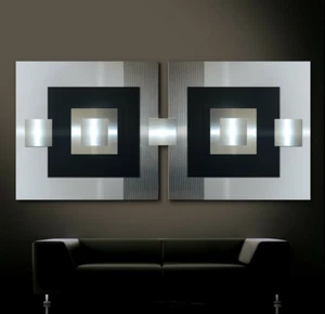 ORIGINAL ABSTRAKT METALL Bild 3D Modern Designer Wandbild Schwarz Silber UNIKAT - Bild 1 von 10