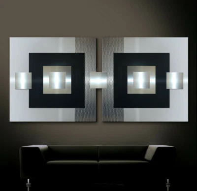 ORIGINAL ABSTRAKT METALL Bild 3D Modern Designer Wandbild Schwarz Silber UNIKAT - Bild 1 von 4