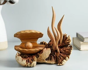 Scultura ostrica perlata in legno, alga, statua unica, corallo, decorazione oceano, regalo - Foto 1 di 8