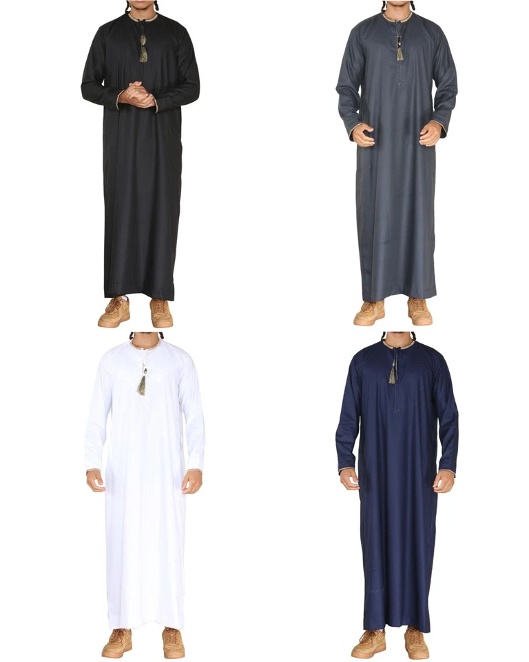 Hombres Islámico Jubba Bata Thobe Saudi Árabe Musulmán Eid Caftán con Borla - Imagen 1 de 1