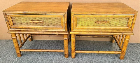 (2) MCM American of Martinsville Side End Tables Nightstands Wicker Faux Bamboo Cover