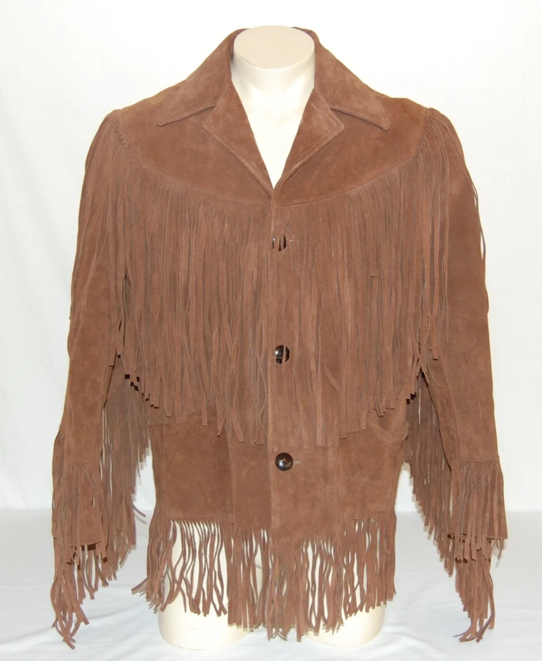 Chaqueta de cuero real con flecos marrones vintage Pioneer Wear para hombre talla 40 gamuza retro Foto 1 de 4