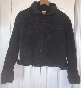 Justice Black Distressed Denim Hooded Jacket Size 16/18 Plus - Picture 1 of 5