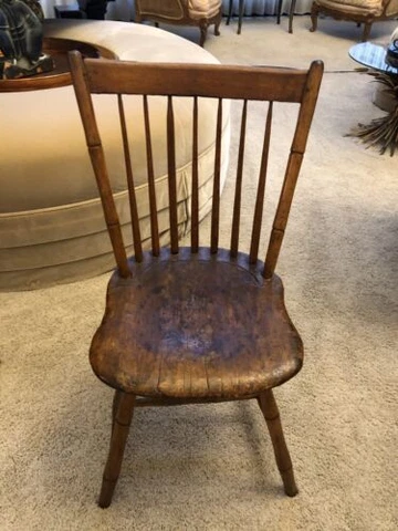 Very Old American Wood Side Chair 32” x 13.5” x 16” Spindle Back Thick Plank Cover