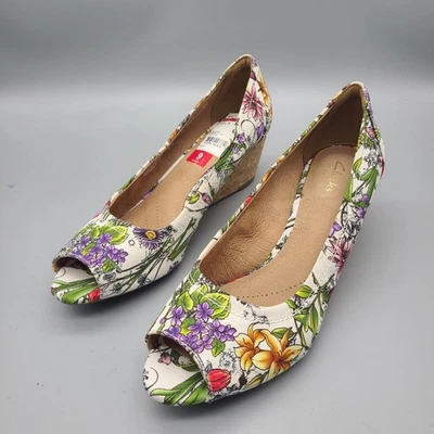 CLARKS Burmese Art Floral Peep Toe Slip On Cork Wedge Heels Women’s Size 9 - Image 1 of 4