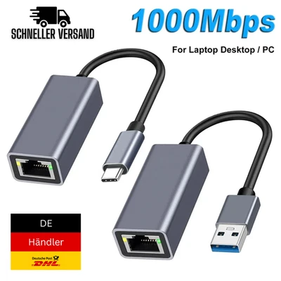 ⚡ USB & USB-C LAN Adapter RJ45 100/1000 Mbps Gigabit Ethernet Plug & Play - Bild 1 von 4