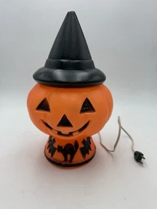 Vtg 1970's Halloween Blow Mold Light Pumpkin Jack-O-Lantern Witch Hat Bats Cat - Picture 1 of 17