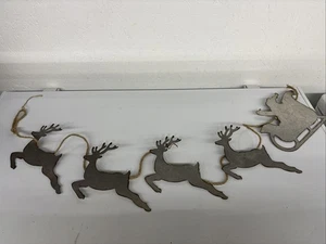 VTG Rustic Primitive Farm Christmas Tin Metal Santa Reindeer Garland Decor 66” - Picture 1 of 6