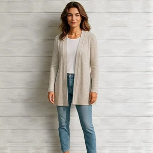 Cárdigan EILEEN FISHER Mezcla de Lino Tejido Enrejado Cortina Frente Abierto Talla Med Beige - Imagen 1 de 15