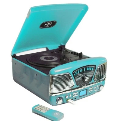 Steepletone Roxy 4 1960 Retro Style Record Player 4-in-1 Music Centre Gloss Blue - Image 1 of 4