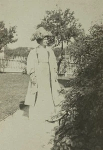 Woman With Large Floral Hat Standing By Plant B&W Photograph 2.75 x 4.25 - Picture 1 of 3