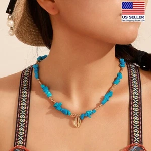 Mujeres Moda Collar Retro Océano Azul Grava Oro Cáscara Cuentas Boho Estilo 1358 - Imagen 1 de 5