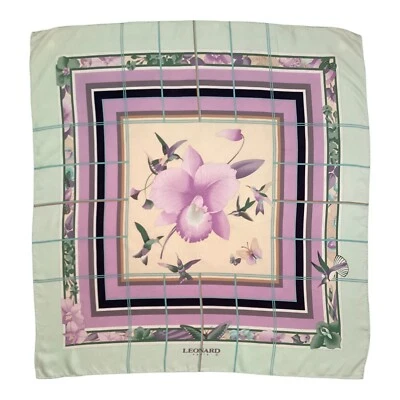 LÉONARD PARIS Bufanda Púrpura Floral Estampado AVE Seda Italia 34.5"-33.5" EX ESTADO Foto 1 de 4
