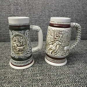 Avon 1983 2 Steins Trout English Setter Chuck Wagon Cattle Drive Roping Mug Vtg - Picture 1 of 12