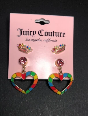 Juicy Couture 2 Pair Earring Set Crown Studs & Rainbow Heart Drop Earrings NWT  - Image 1 of 4