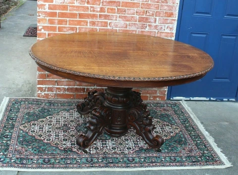 French Antique Oak Renaissance Oval Dining Table / Kitchen Table Cover