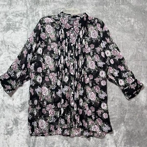 Blusa Top Chelsea & Theodore Mujer 2X Negra Floral Botón 3/4 SL Simi Transparente - Imagen 1 de 12