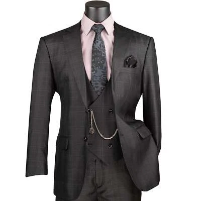 VINCI Men's Black Sharkskin Glen Plaid 3pc Classic-Fit Suit - NEW - Image 1 of 4