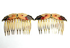 Vintage Cloisonne Hair Combs Gold Tone Butterfly Shaped Set of Two